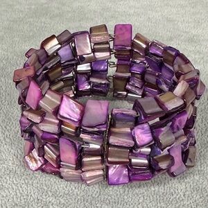 Wide Purple Mother Of Pearl Shell Nugget Multi strand Flex Bracelet Adjustable